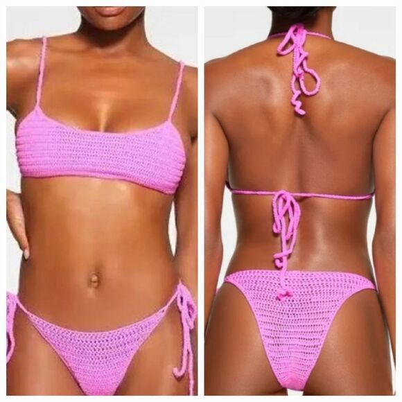 SKIMS Women's Taffy Pink Crochet Swim Scoop Bikini Top Size 2X - Picture 1 of 13
